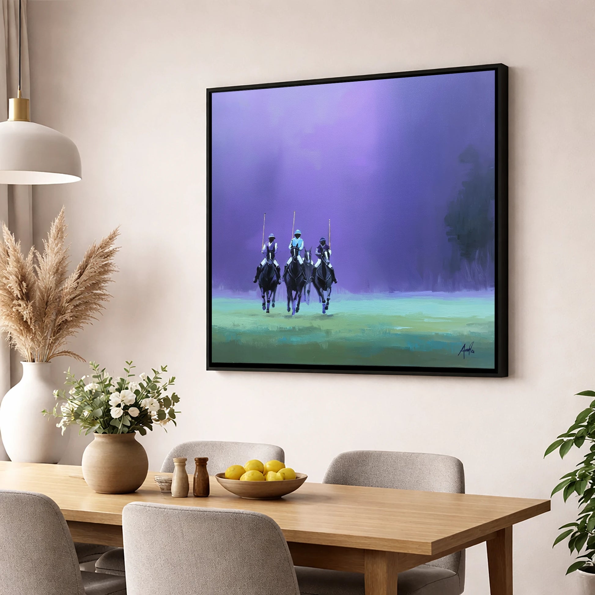 The Violet Charge polo horse wall art displayed in a dining room