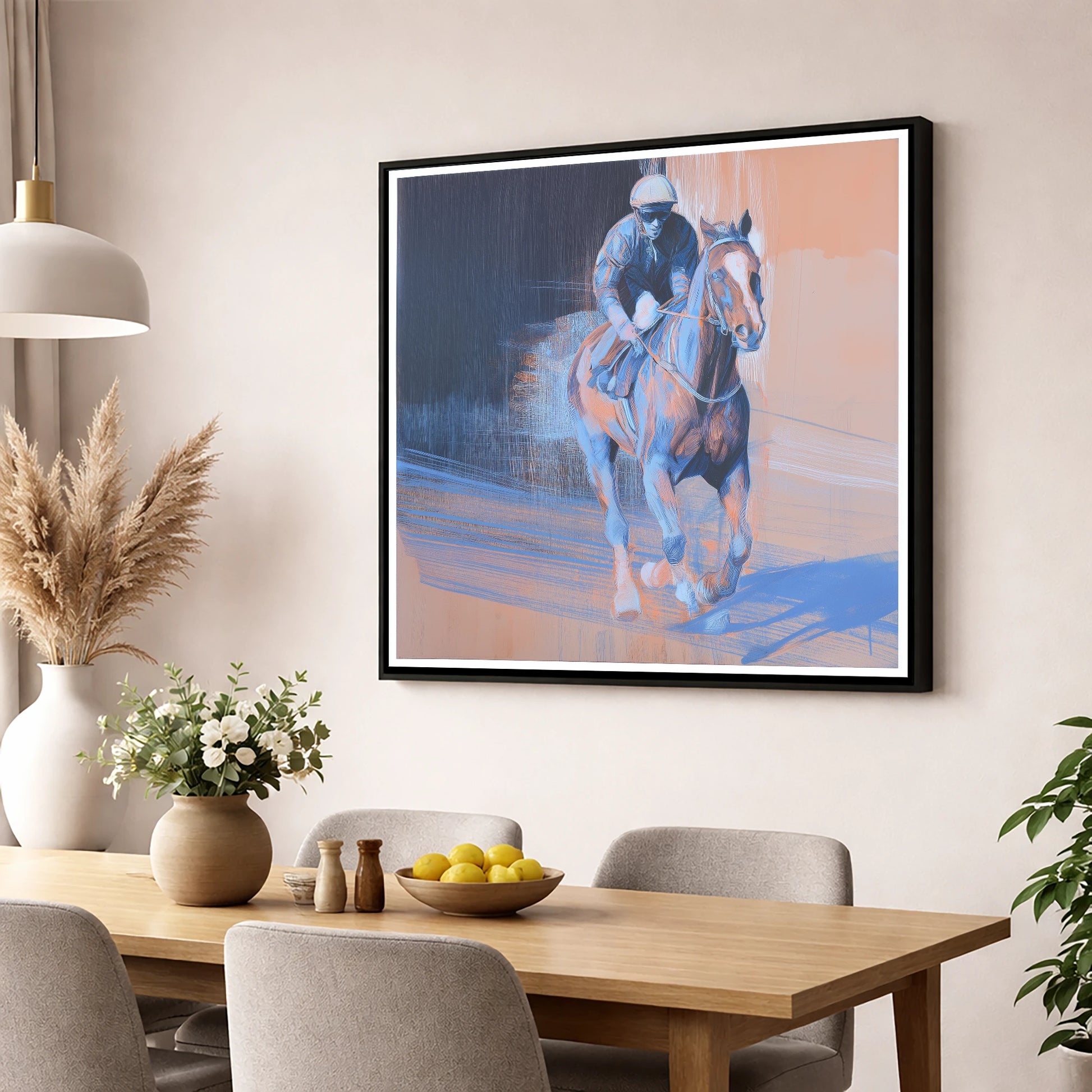 Shadows on the Track racing horse wall art displayed in a dining room