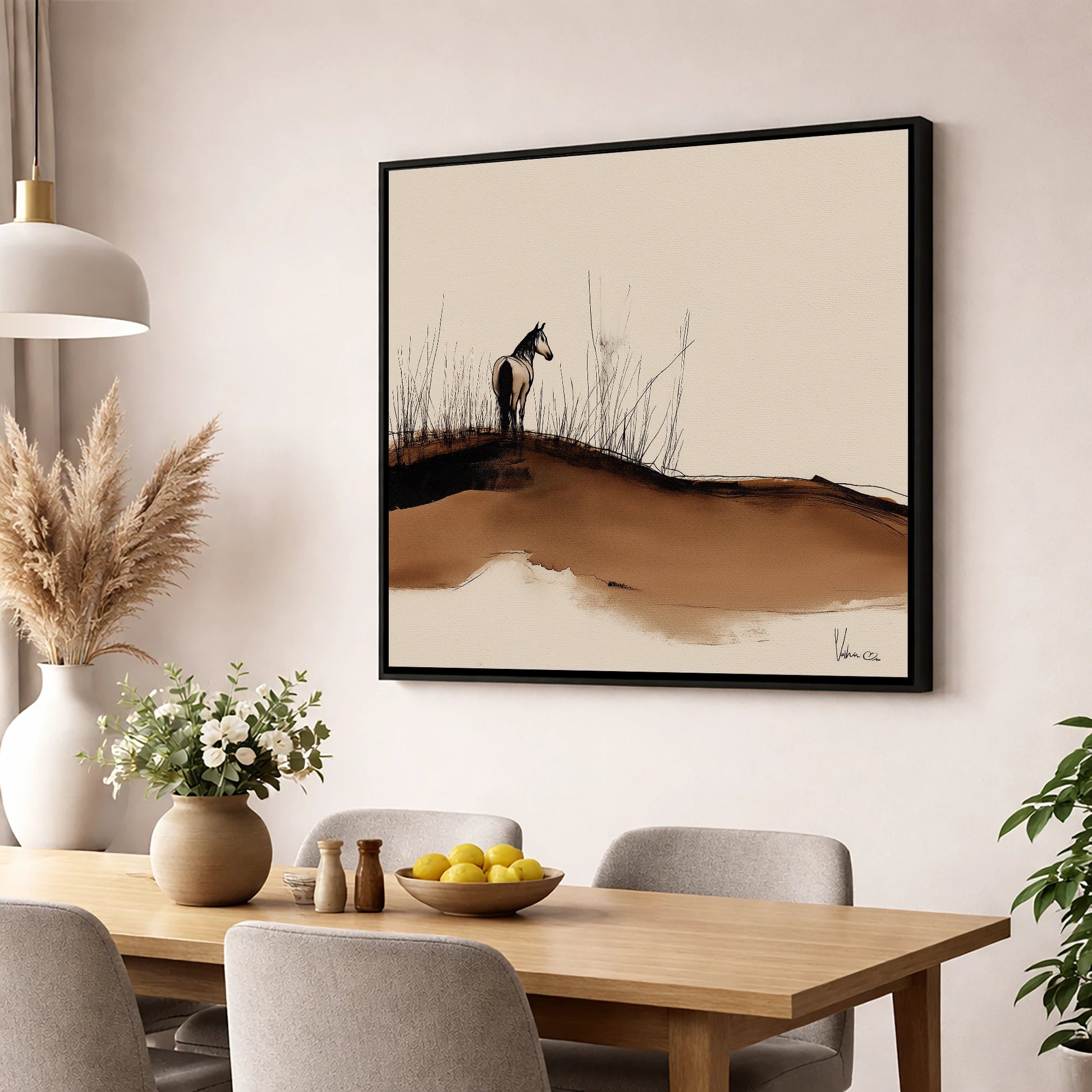 Solitude on the Ridge horse landscape wall art displayed in a dining room