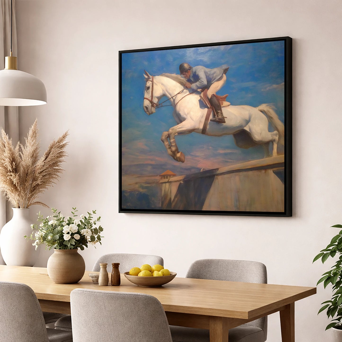Flight Over the Wall show jumping horse wall art displayed in a dining room