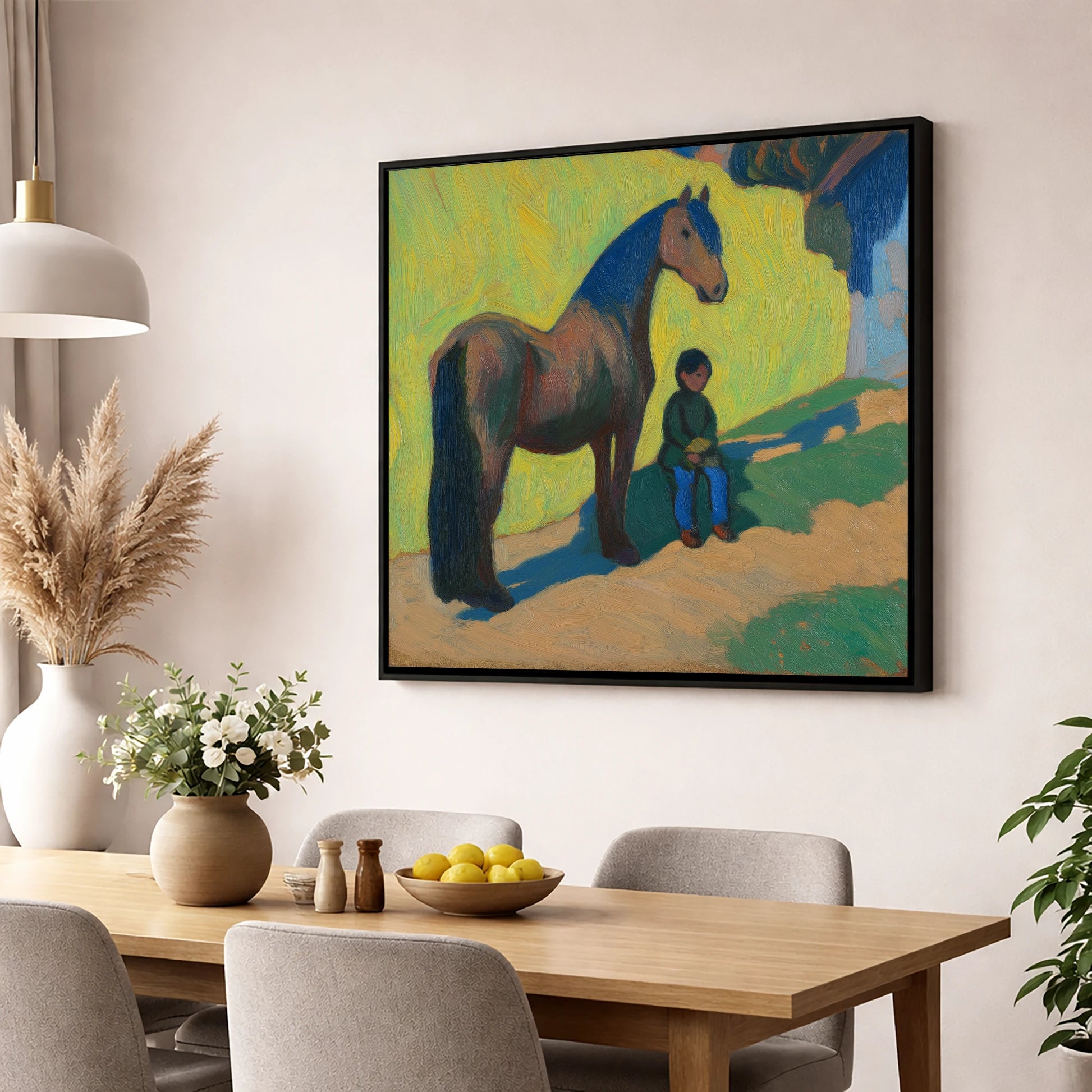 Sunlit Companionship horse & rider wall art displayed in a dining room