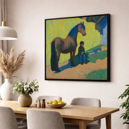 Sunlit Companionship horse & rider wall art displayed in a dining room