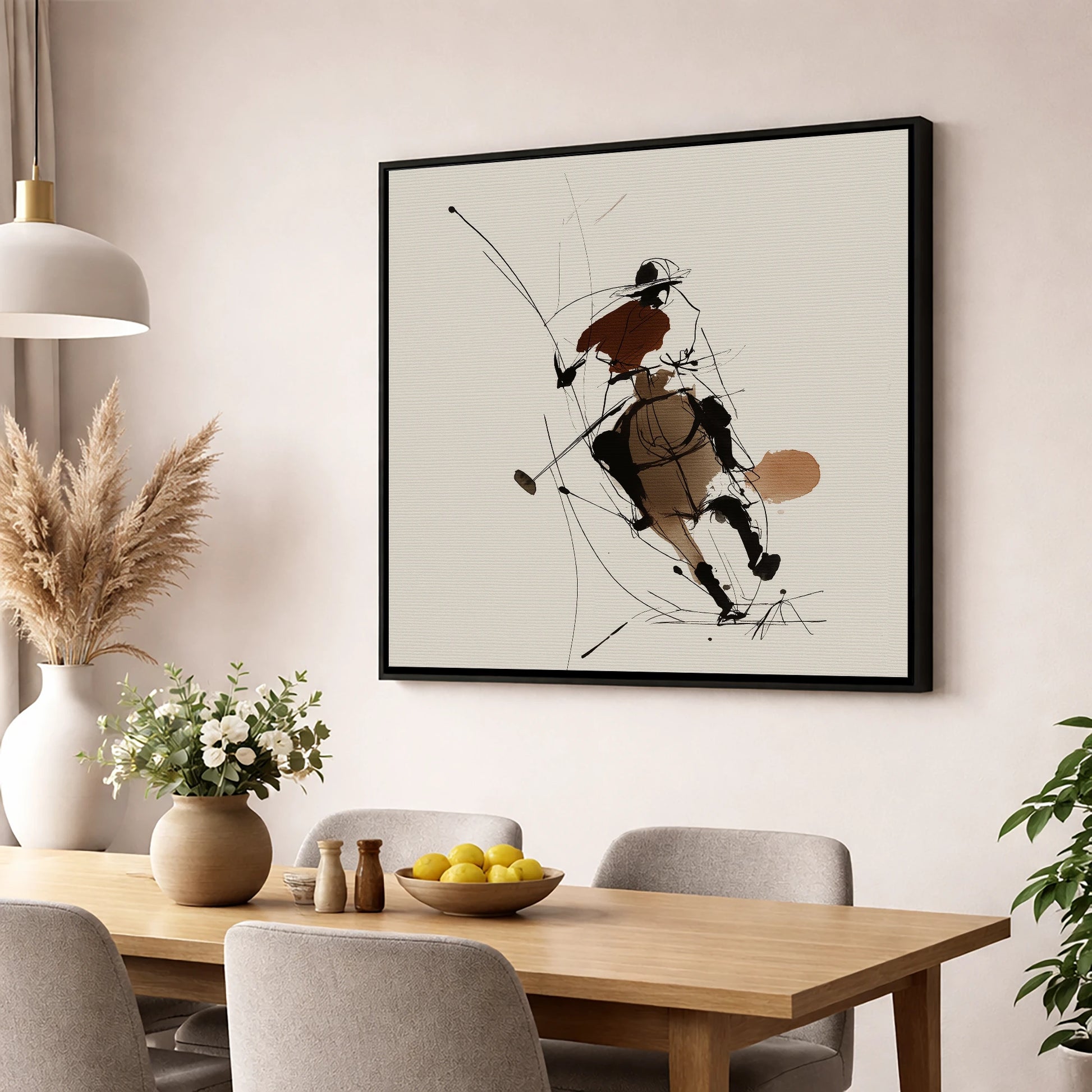 Dynamic Chukka polo horse wall art displayed in a dining room