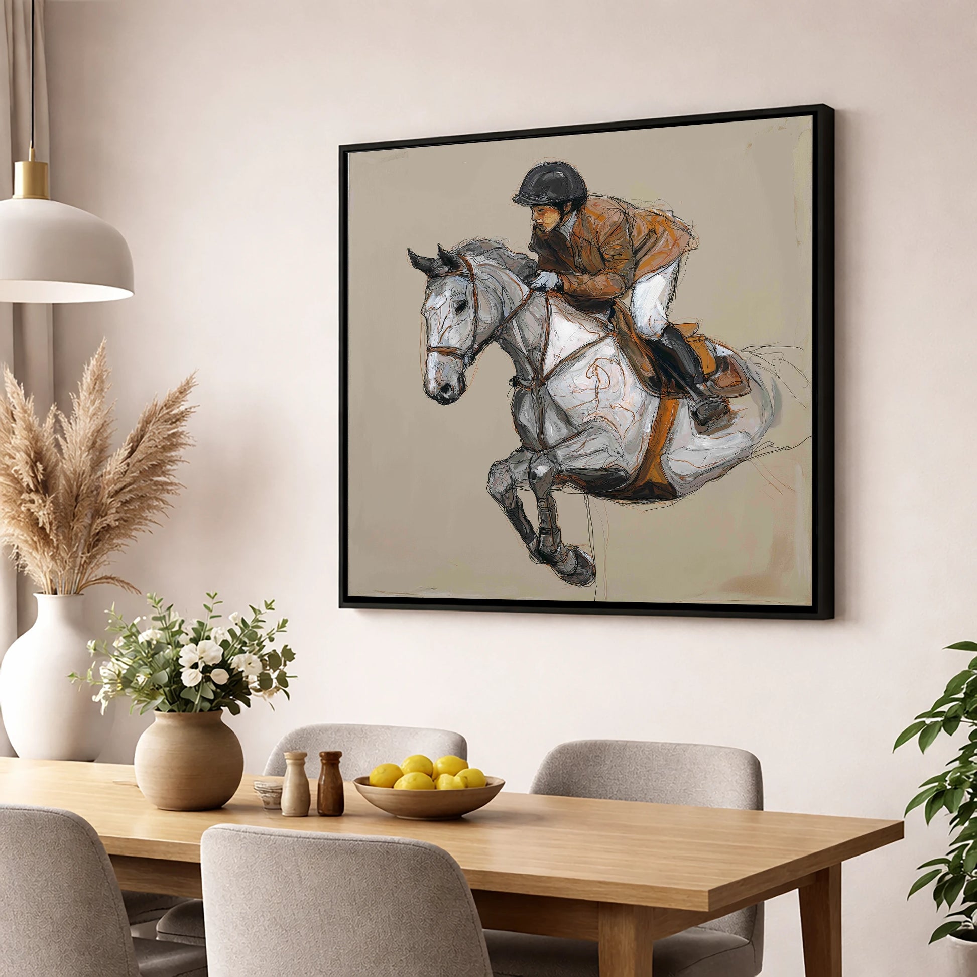 Flight of the Grey show jumping horse wall art displayed in a dining room
