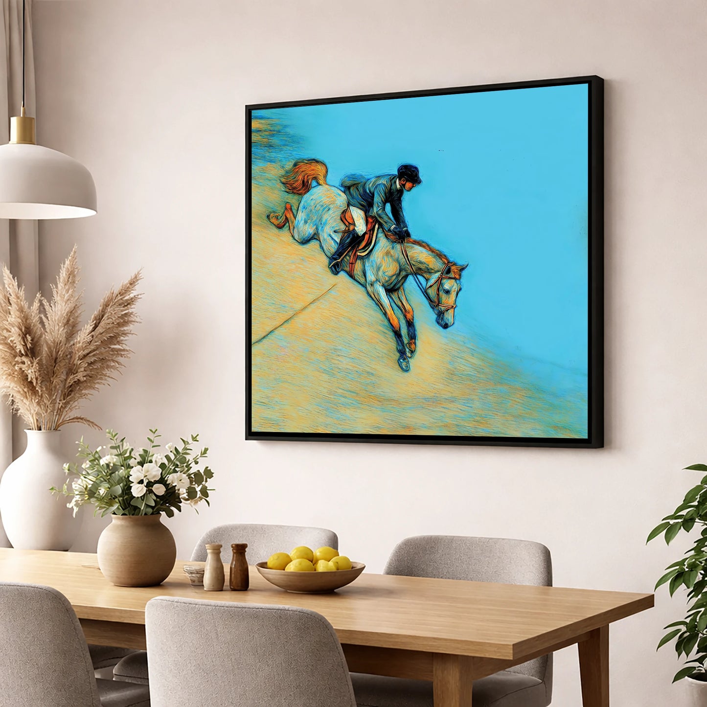 Bold Cerulean Flight show jumping horse wall art displayed in a dining room