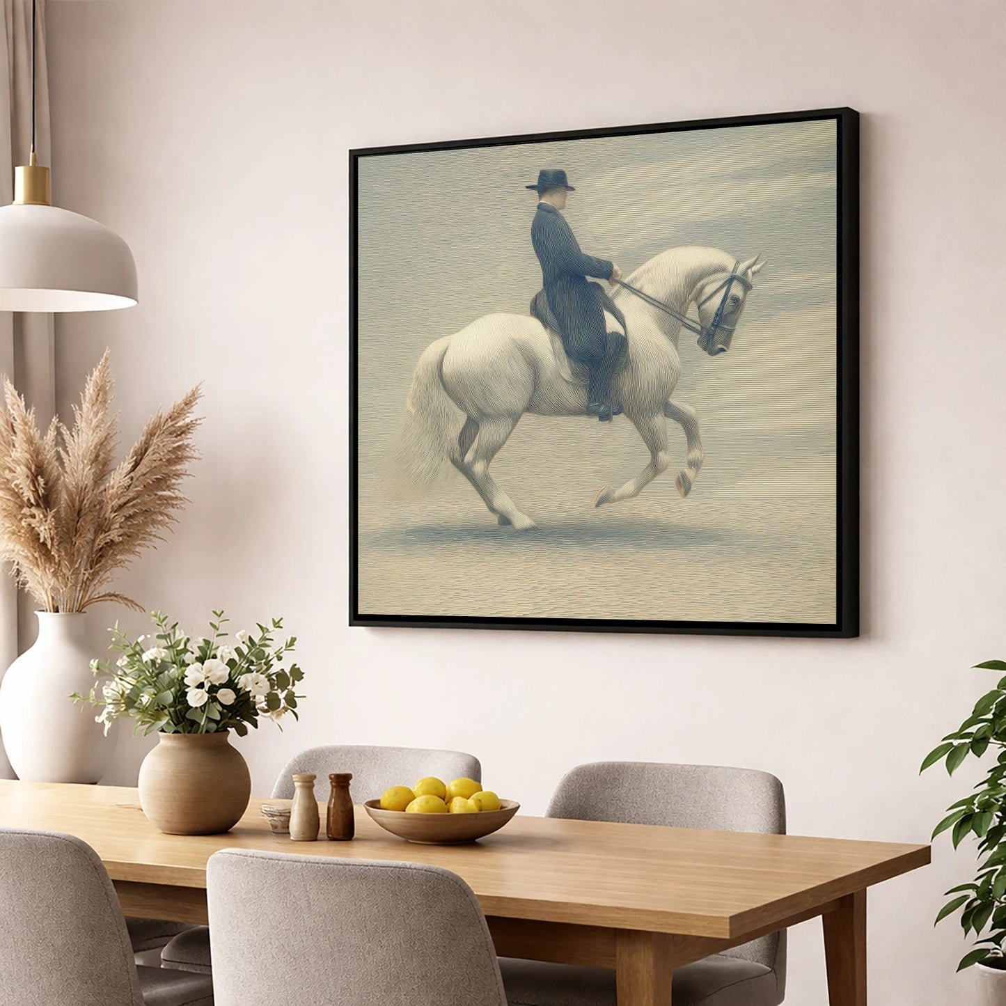 Classical Dressage Harmony dressage horse wall art displayed in a dining room