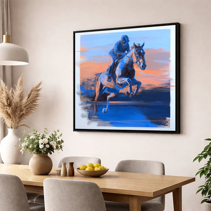Cobalt Flight show jumping horse wall art displayed in a dining room