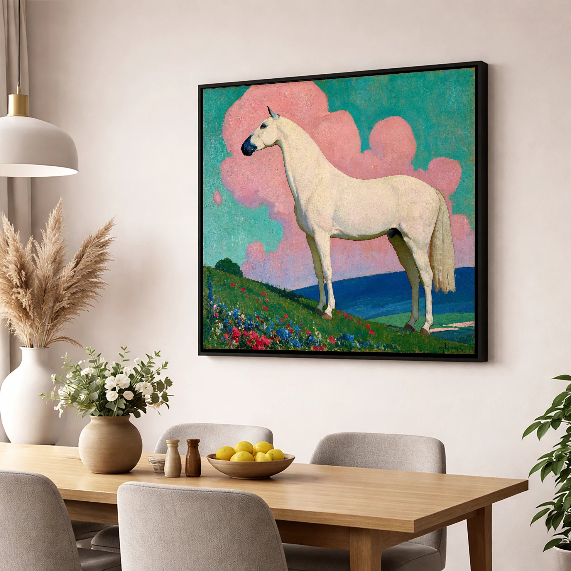 Ethereal White Horse horse art wall art displayed in a dining room