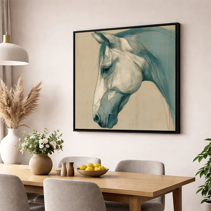 Teal Wash Portrait horse portrait wall art displayed in a dining room
