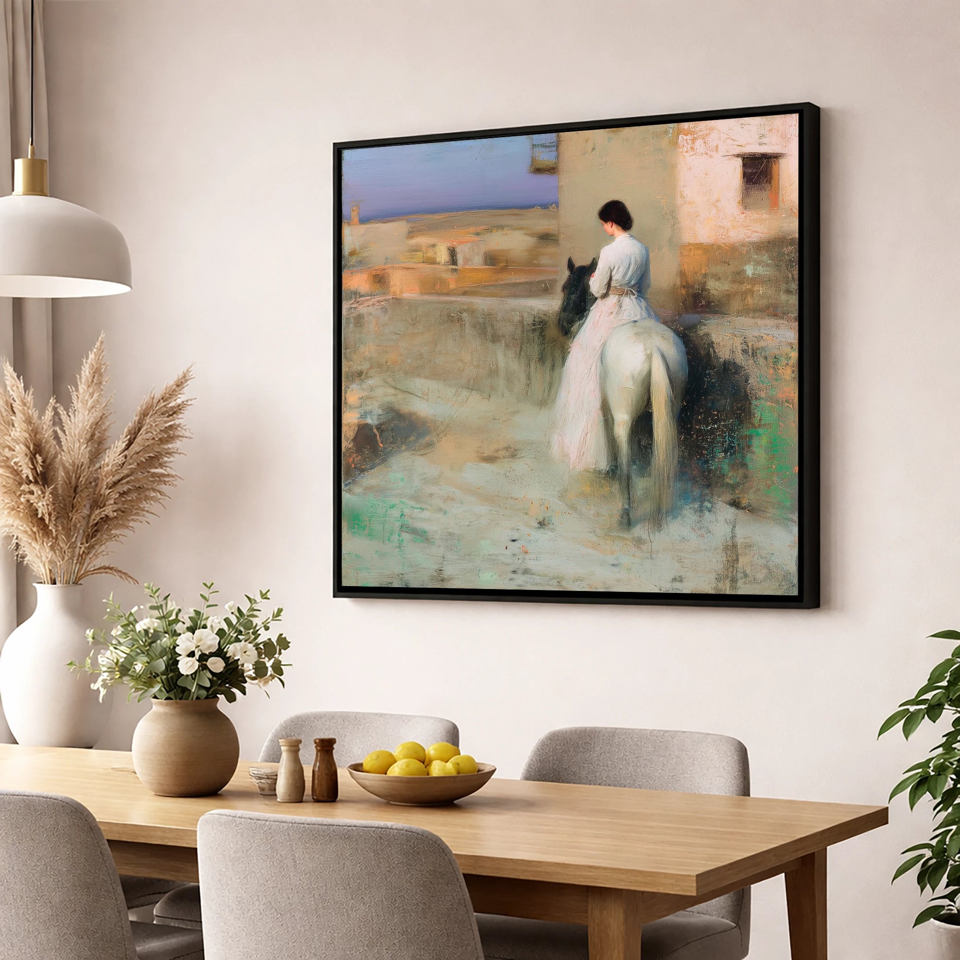 Distant Horizons horse & rider wall art displayed in a dining room