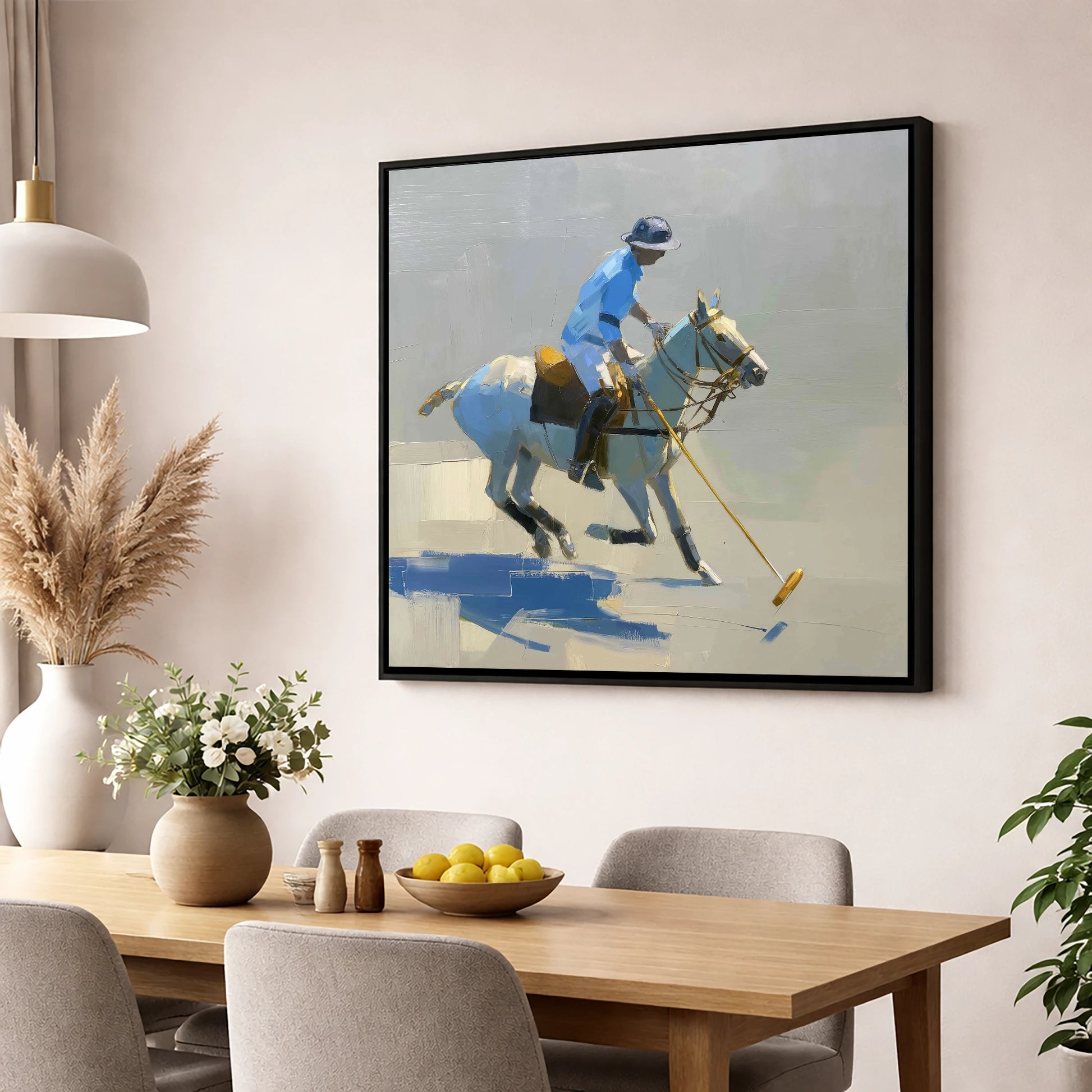 The Blue Chukka polo horse wall art displayed in a dining room