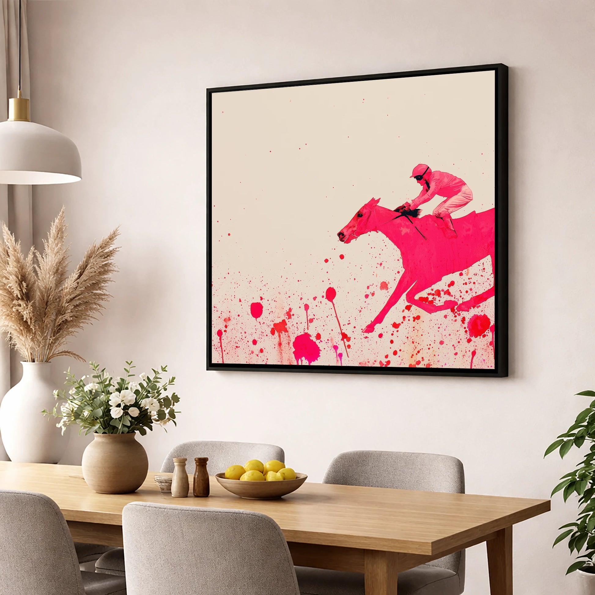 Velocity in Magenta racing horse wall art displayed in a dining room