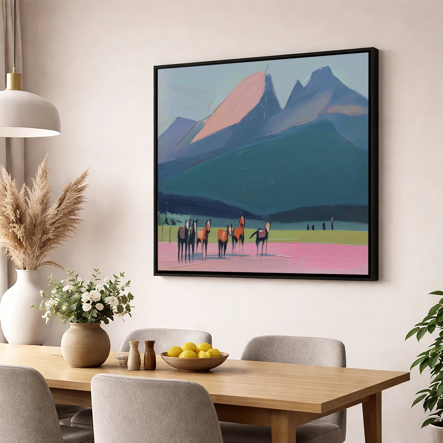 Rose Peaks Herd horse landscape wall art displayed in a dining room