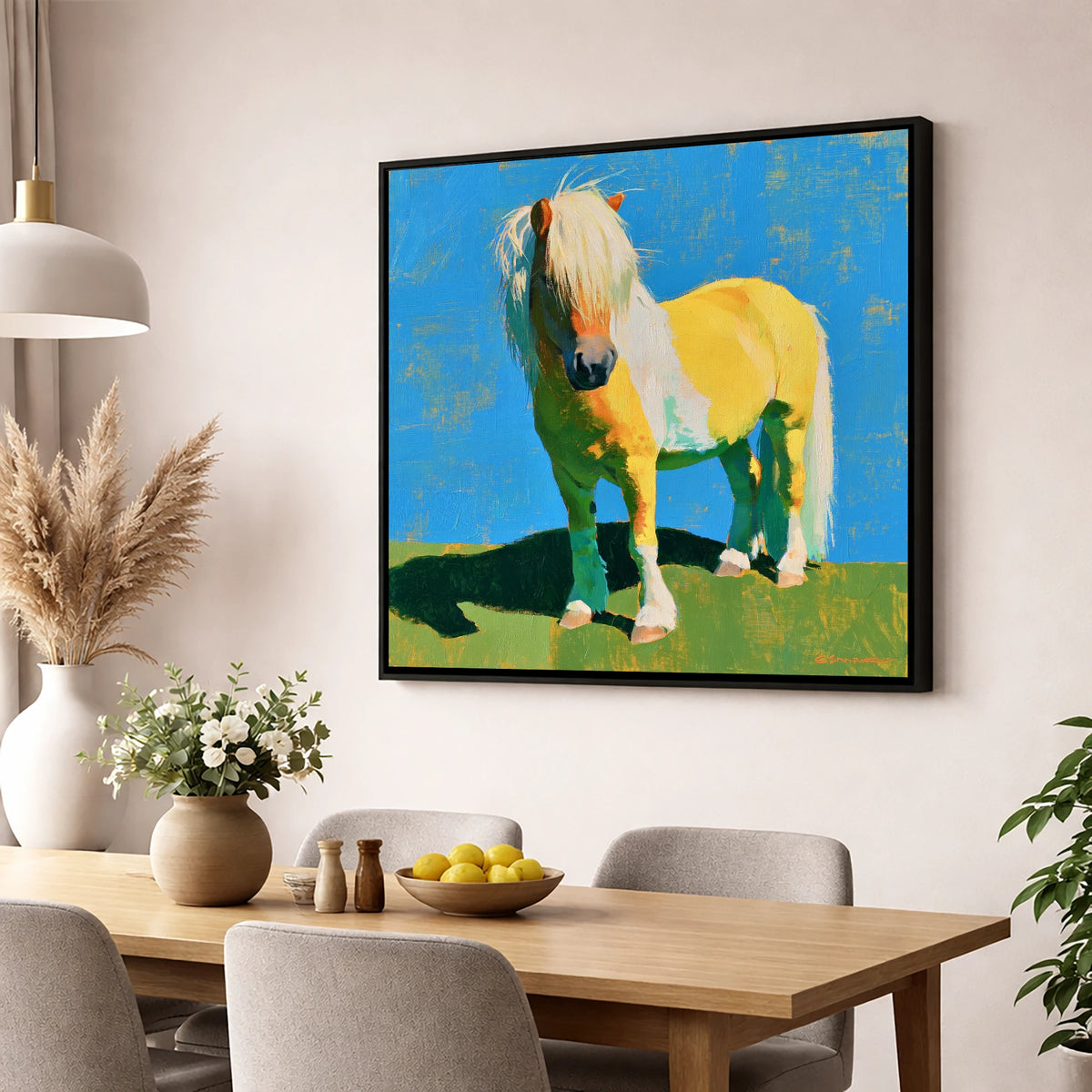 Sunlit Shetland Pony Portrait horse breed wall art displayed in a dining room
