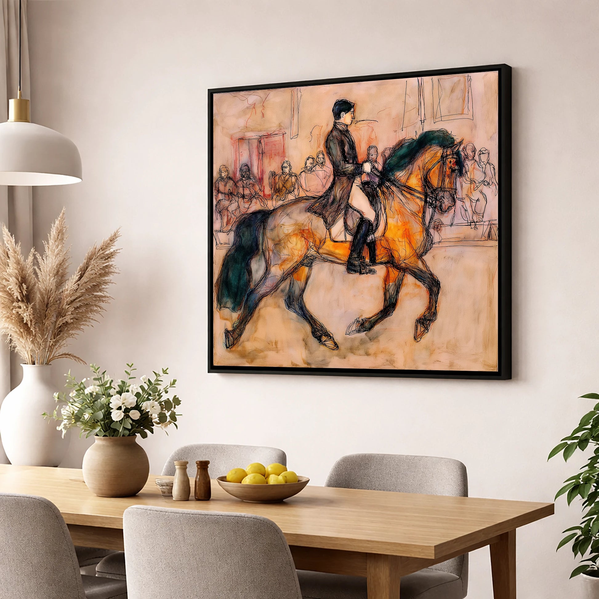 Classical Cadence dressage horse wall art displayed in a dining room