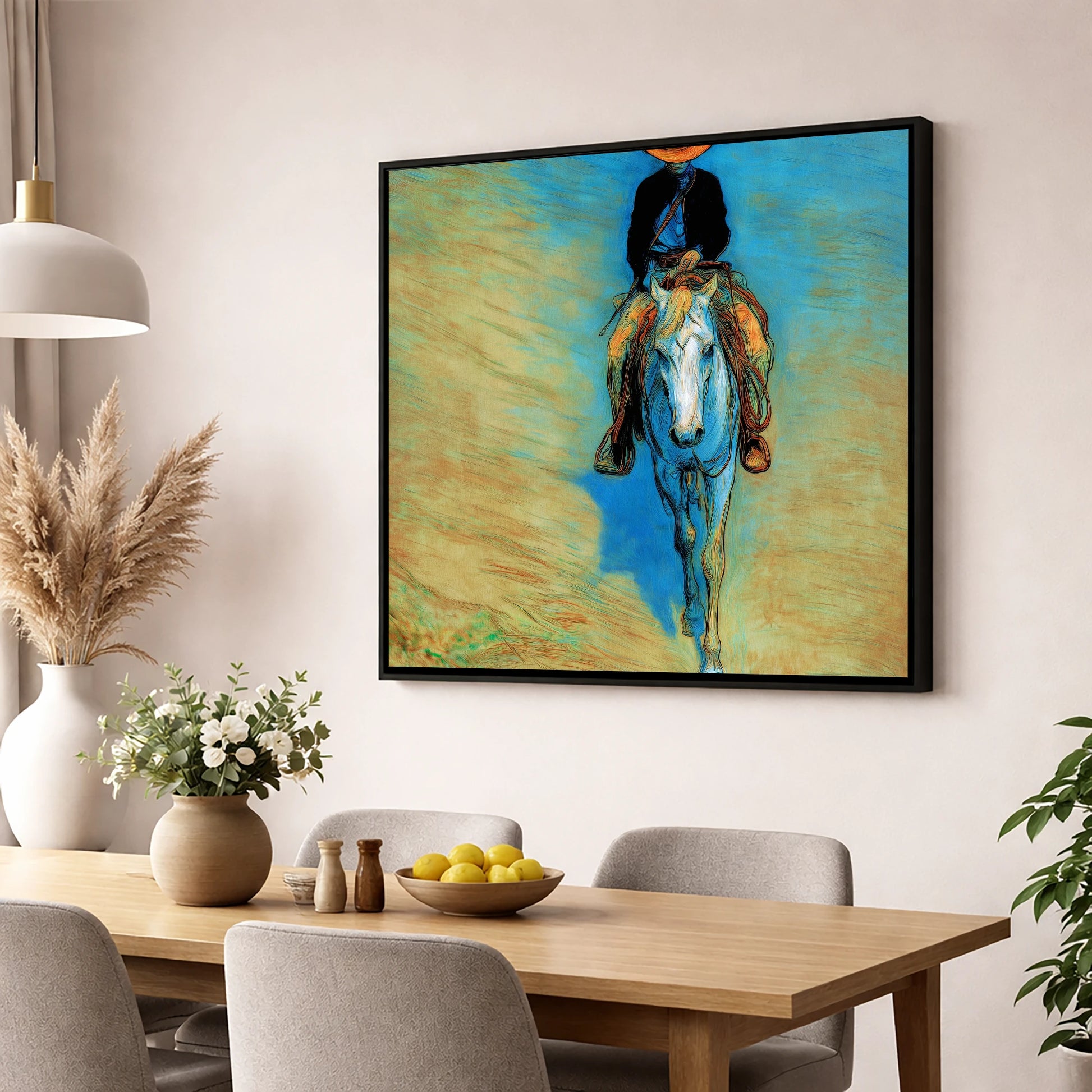 The Blue Trail Rider western horse wall art displayed in a dining room