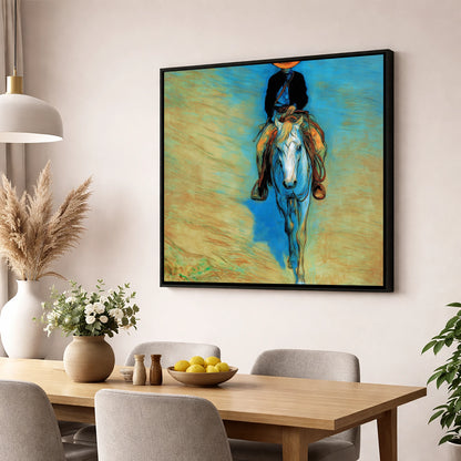 The Blue Trail Rider western horse wall art displayed in a dining room