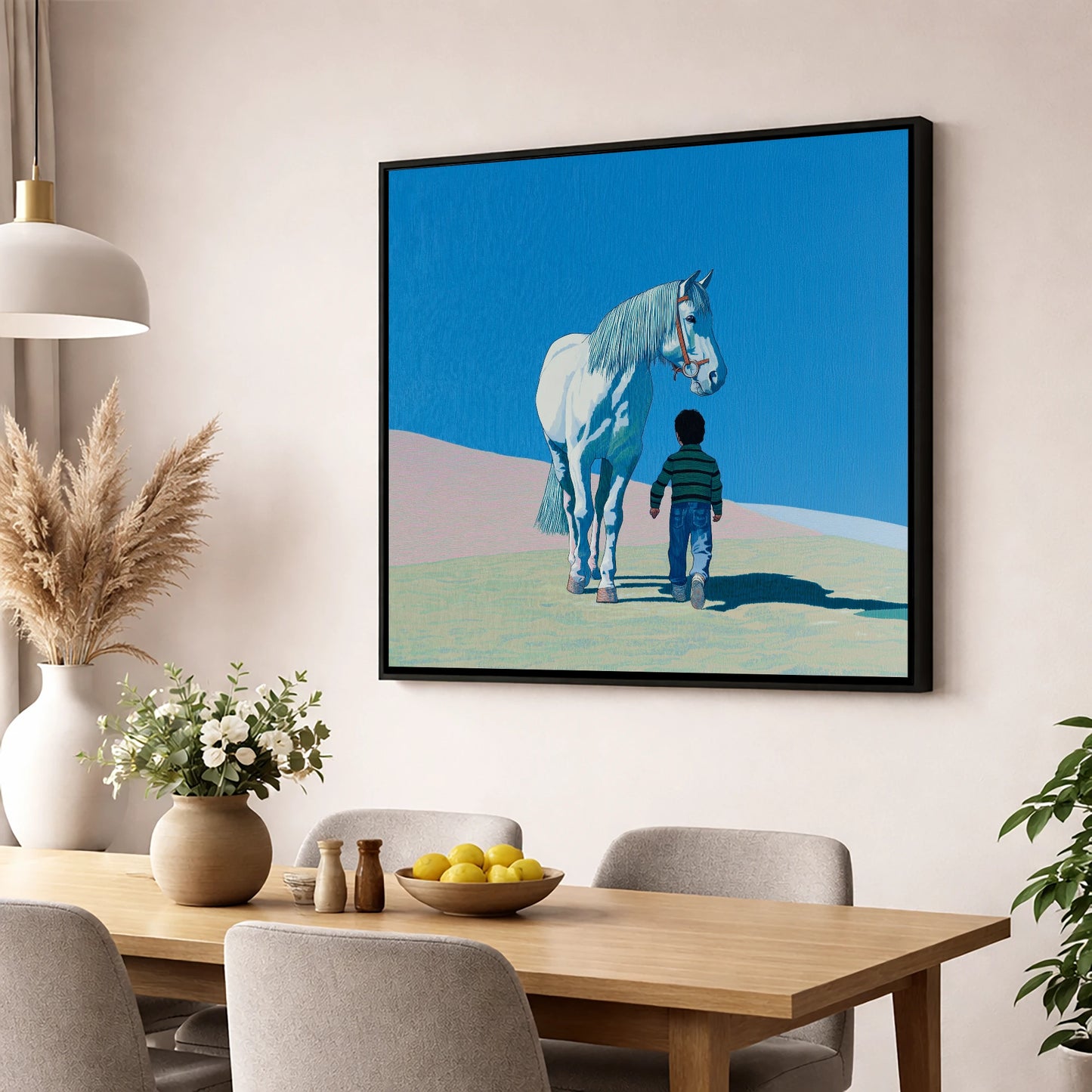 The Quiet Companion horse & rider wall art displayed in a dining room