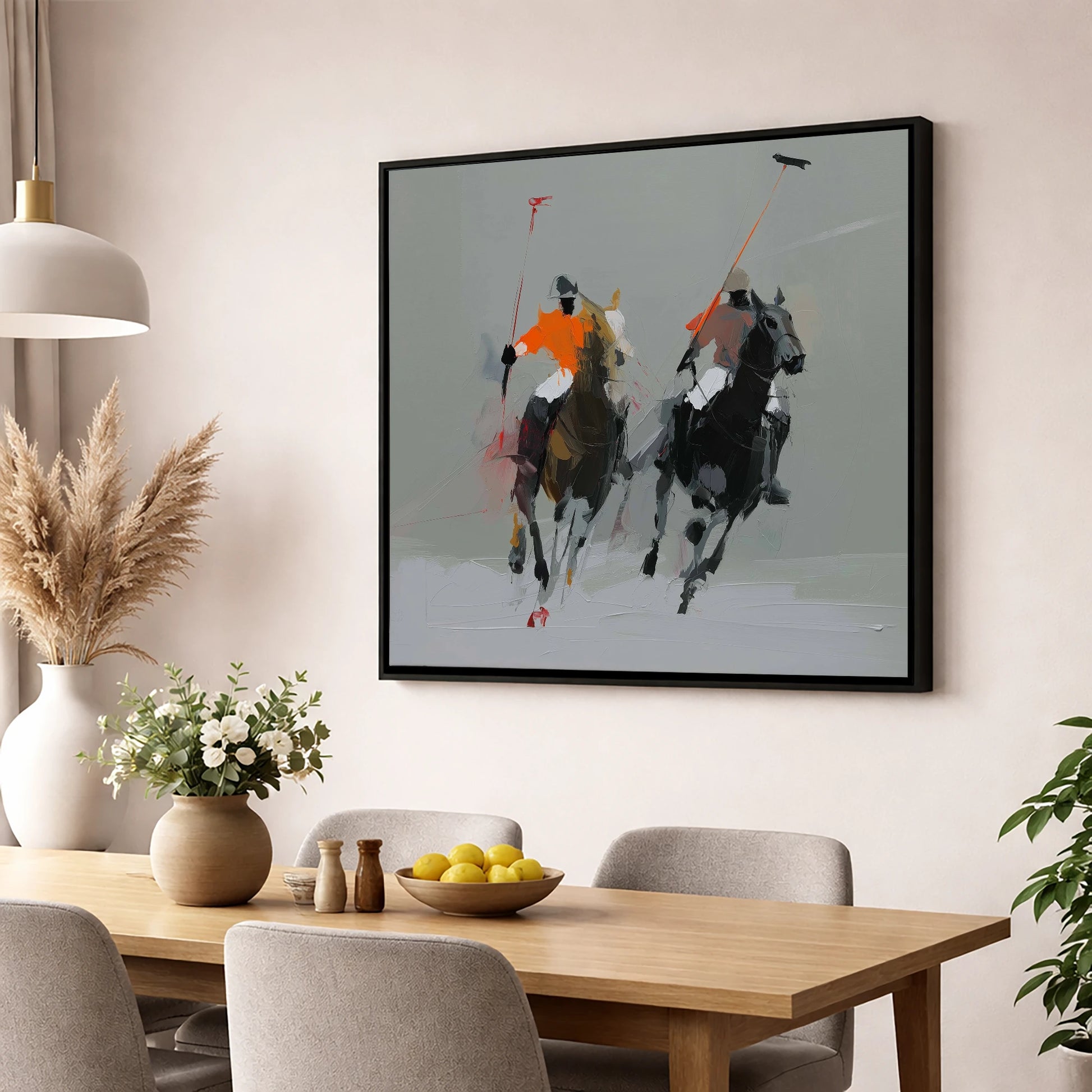 The Breakaway polo horse wall art displayed in a dining room