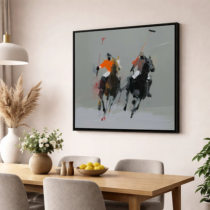 The Breakaway polo horse wall art displayed in a dining room