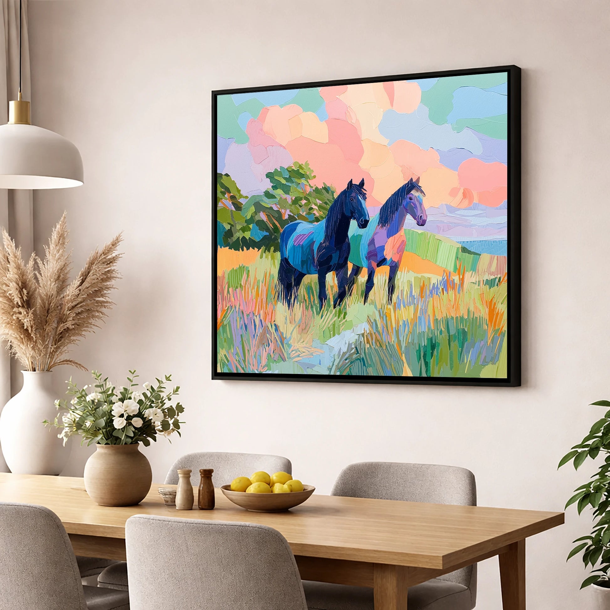 Pastures in Pastel horse landscape wall art displayed in a dining room