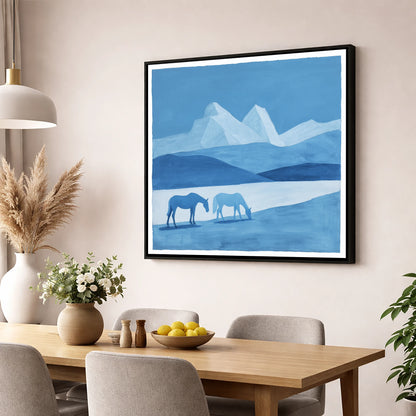 Azure Mountain Grazing horse landscape wall art displayed in a dining room