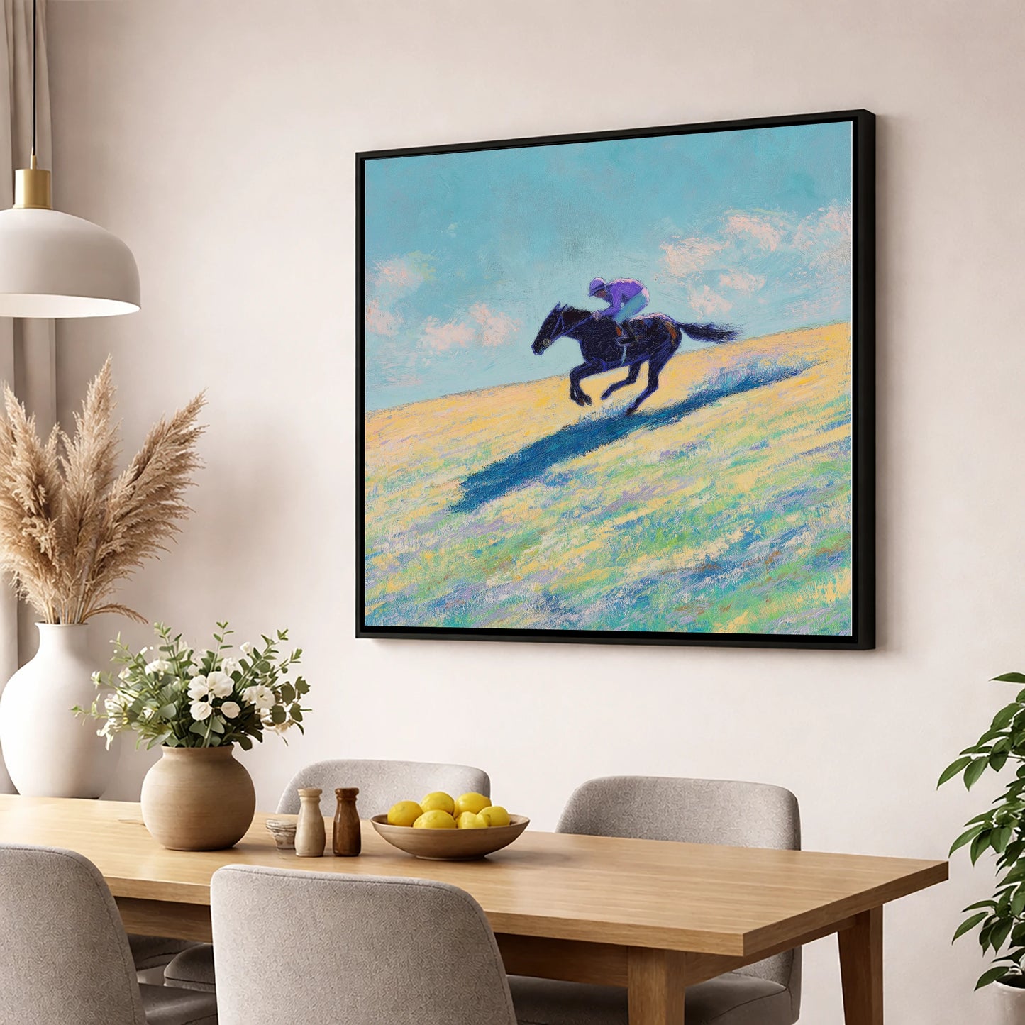 Gallop Across Gold racing horse wall art displayed in a dining room