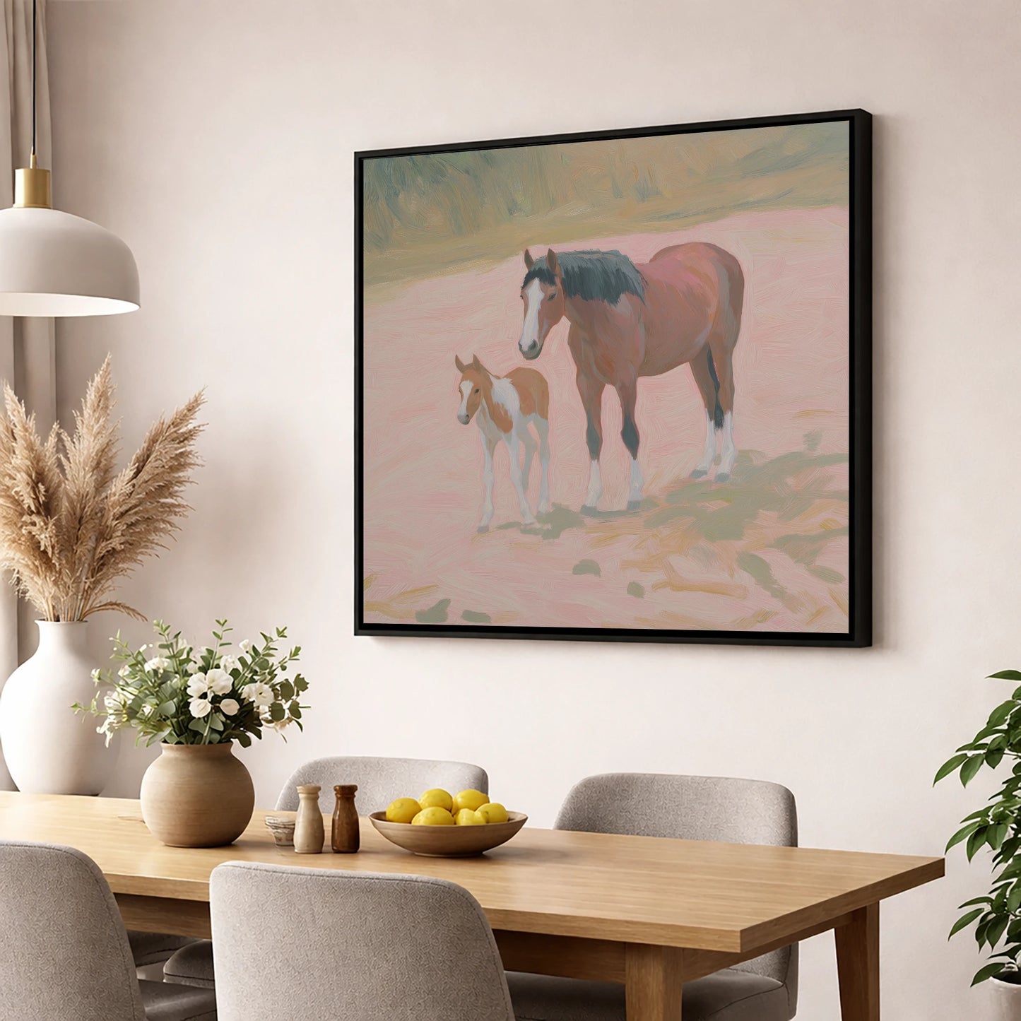 The Gentle Bond mare & foal wall art displayed in a dining room
