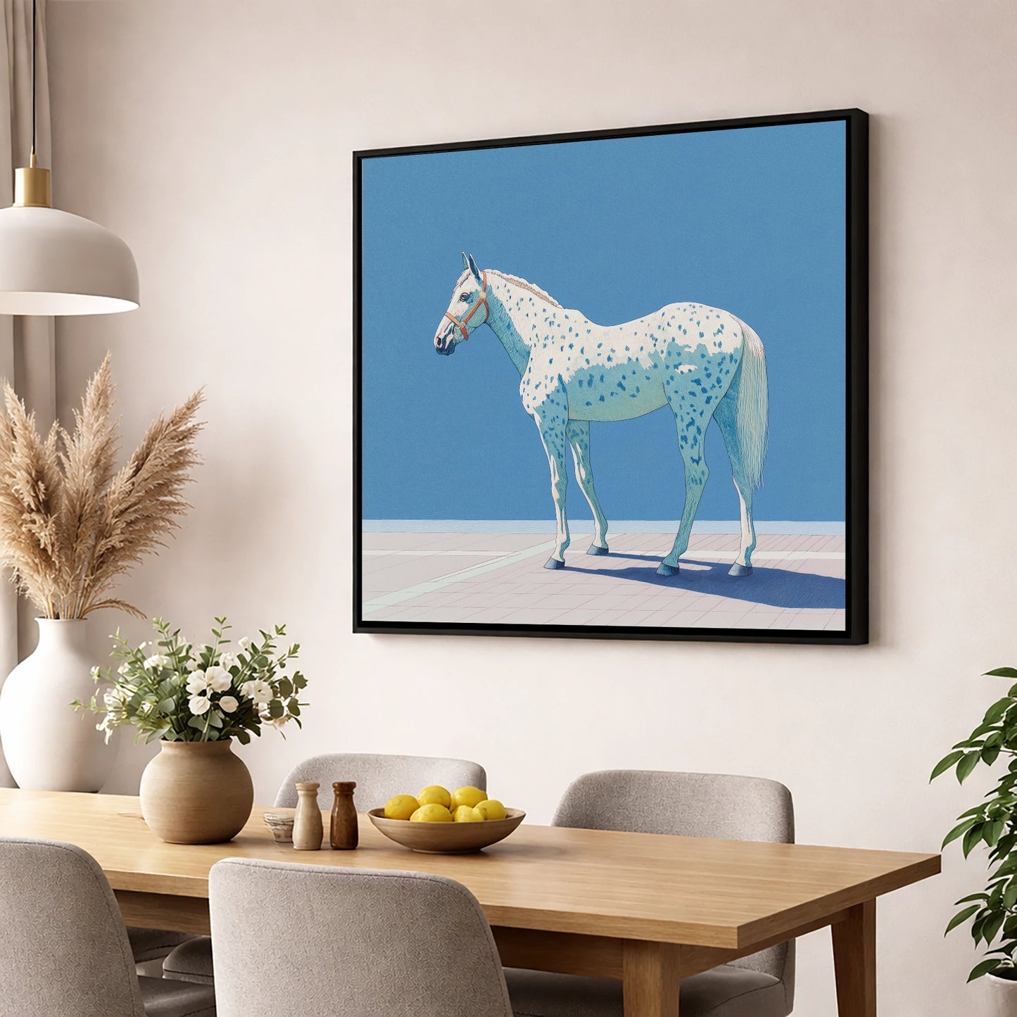 Appaloosa in Cerulean horse breed wall art displayed in a dining room