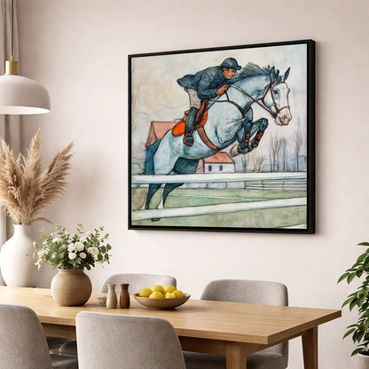 Clearing the Rails show jumping horse wall art displayed in a dining room