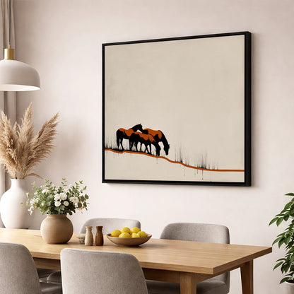 Copper and Ink Herd wild horses wall art displayed in a dining room