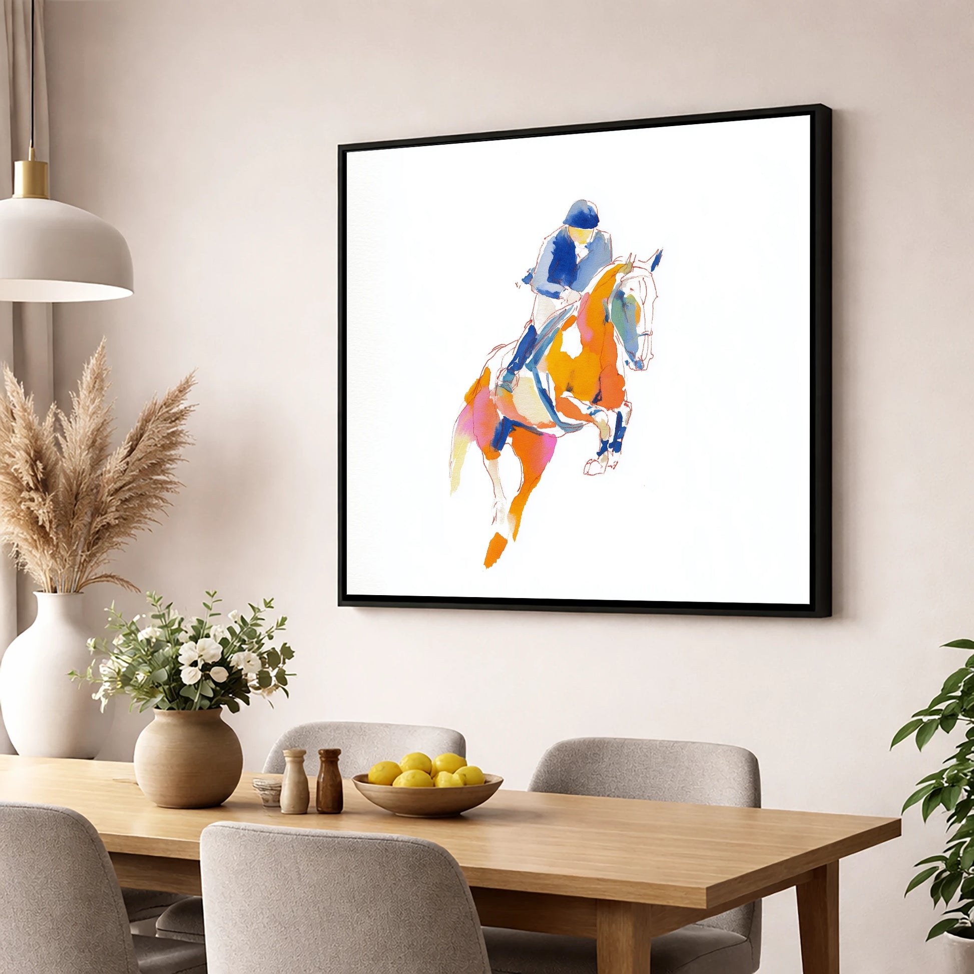 Vibrant Leap show jumping horse wall art displayed in a dining room