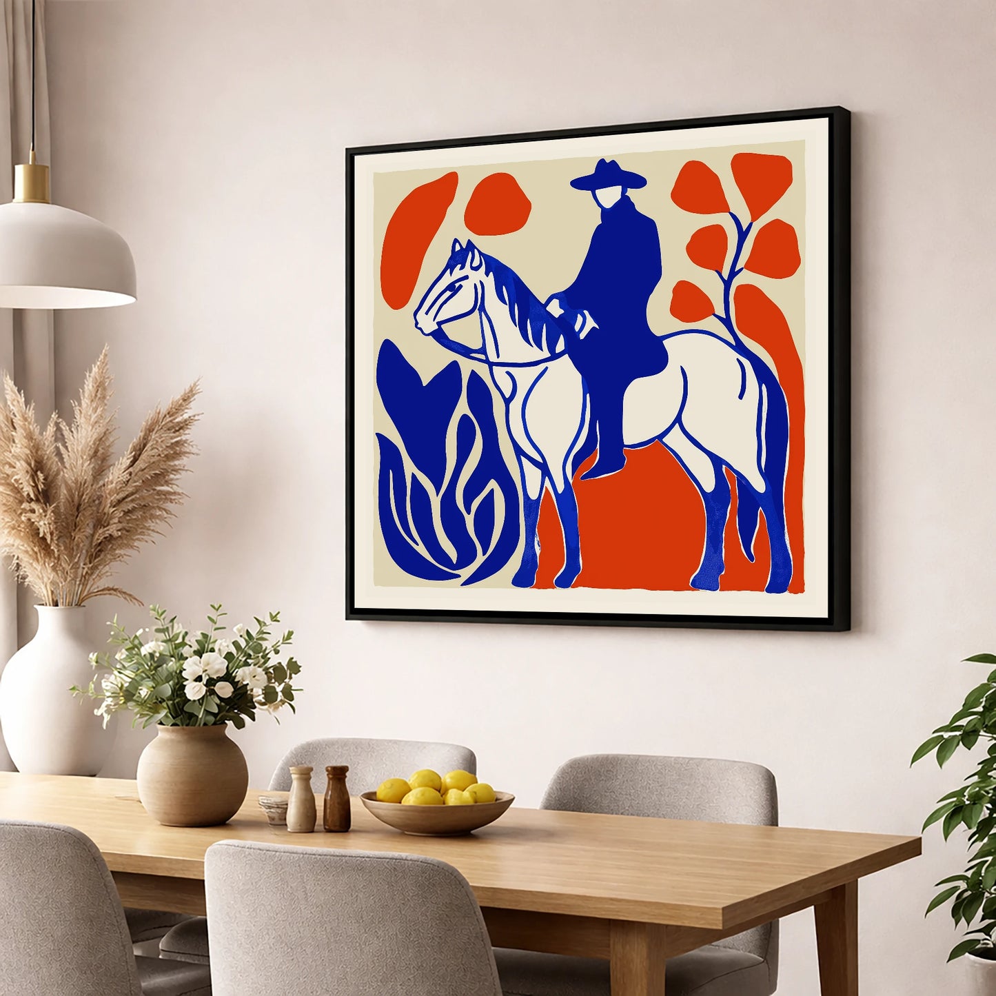 The Cobalt Western Rider western horse wall art displayed in a dining room