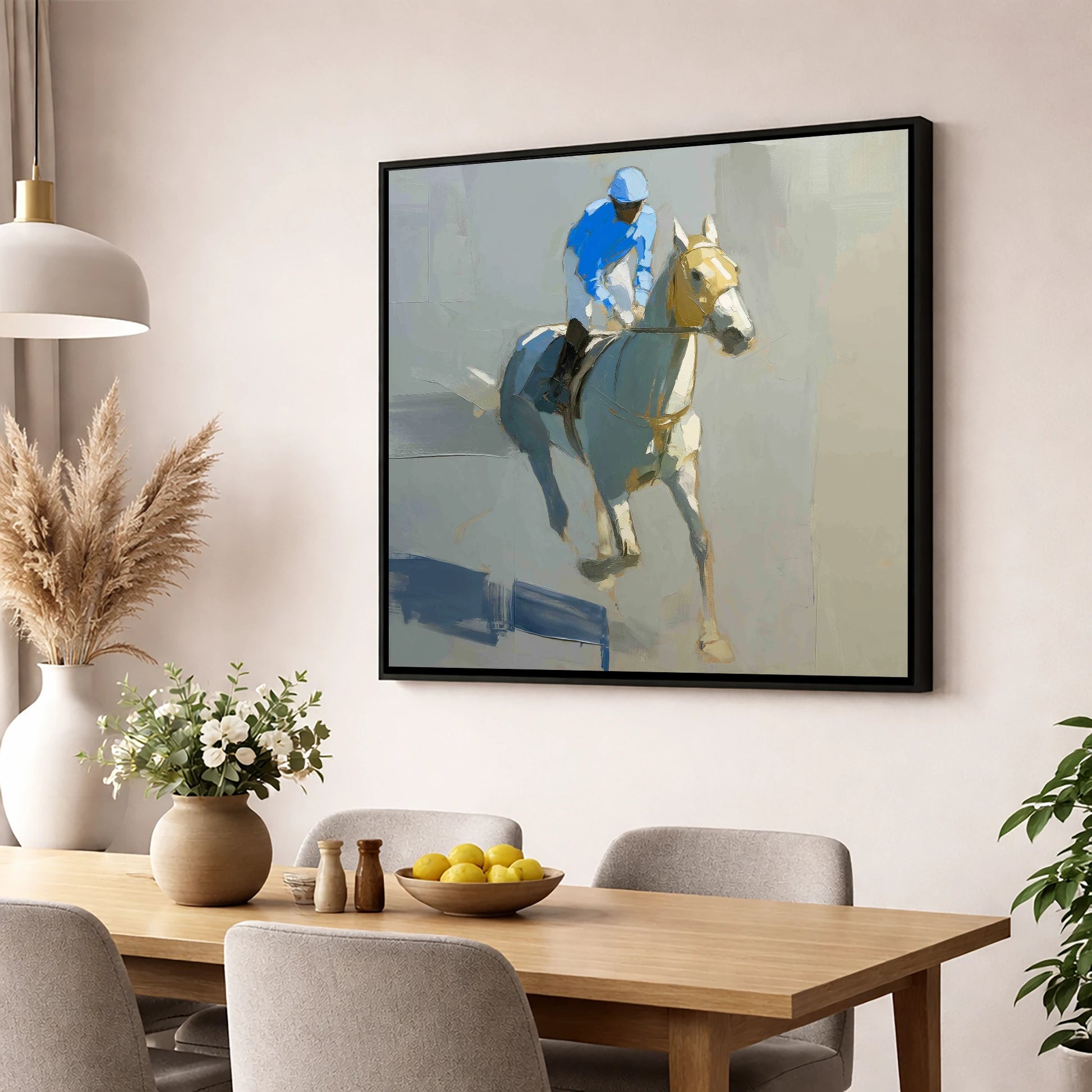 The Blue Silk Focus racing horse wall art displayed in a dining room