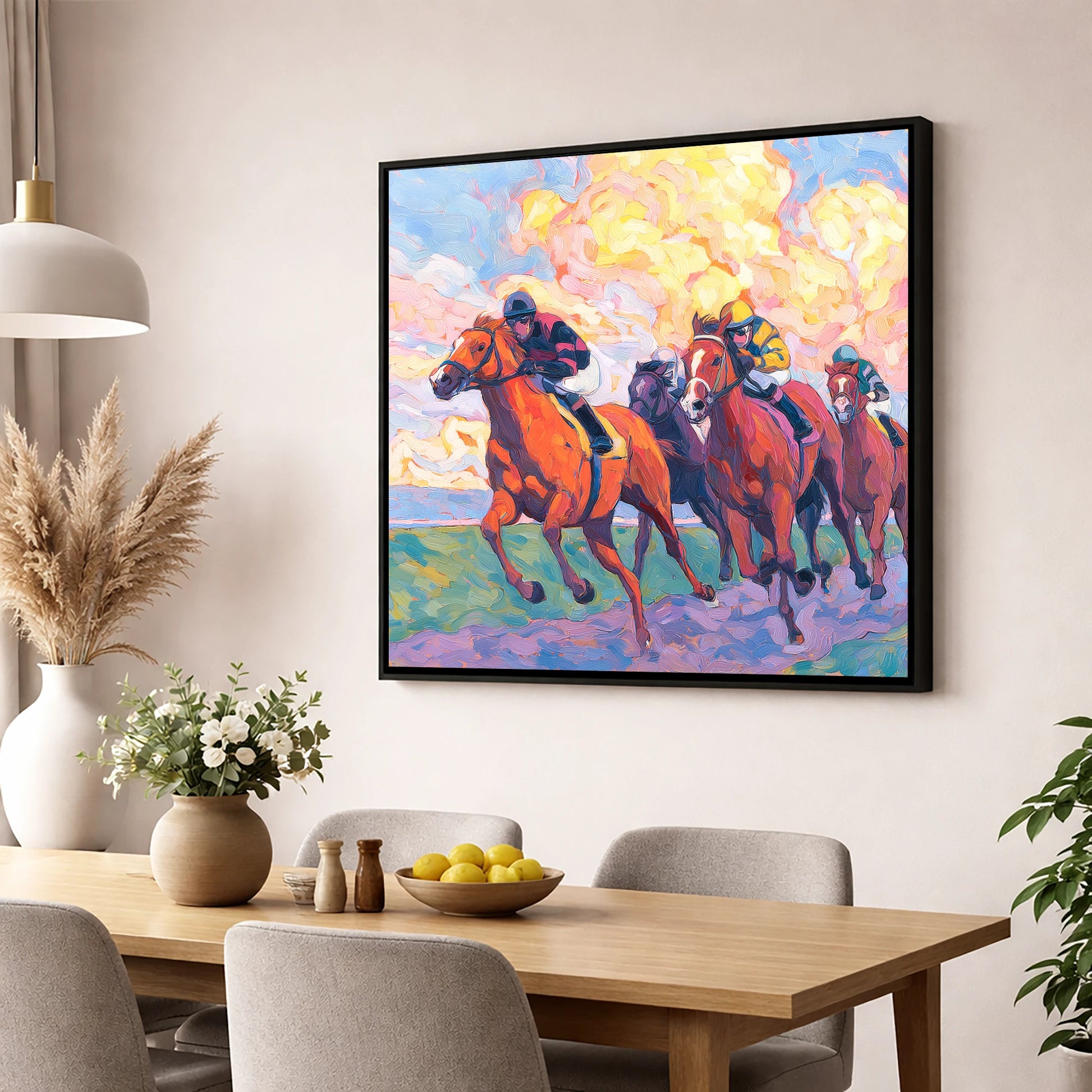 Thundering Sunset racing horse wall art displayed in a dining room