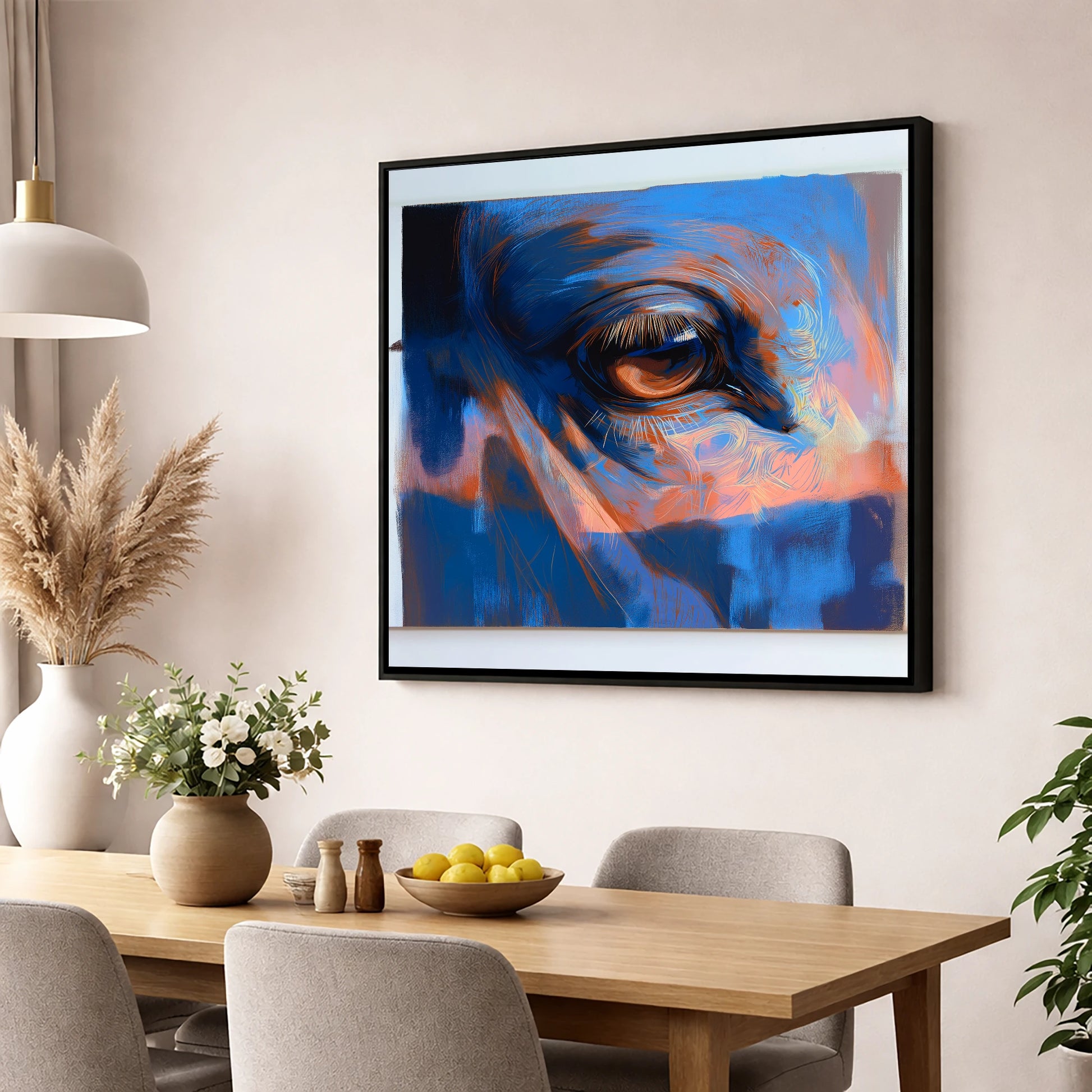 Soulful Azure Gaze horse portrait wall art displayed in a dining room