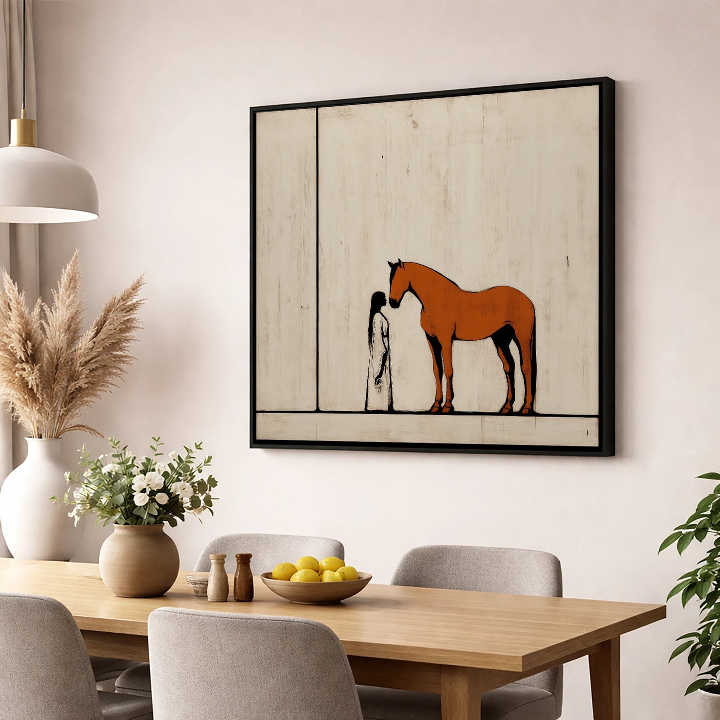Shared Silence horse & rider wall art displayed in a dining room