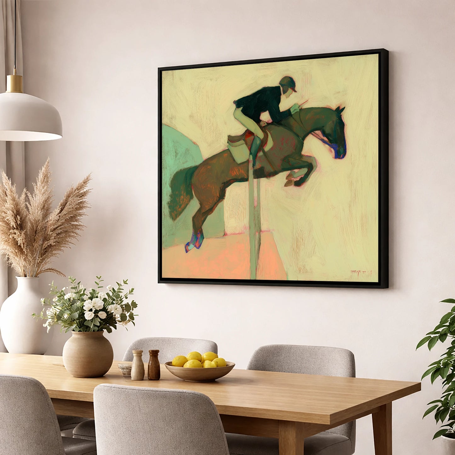 Suspended in Flight show jumping horse wall art displayed in a dining room