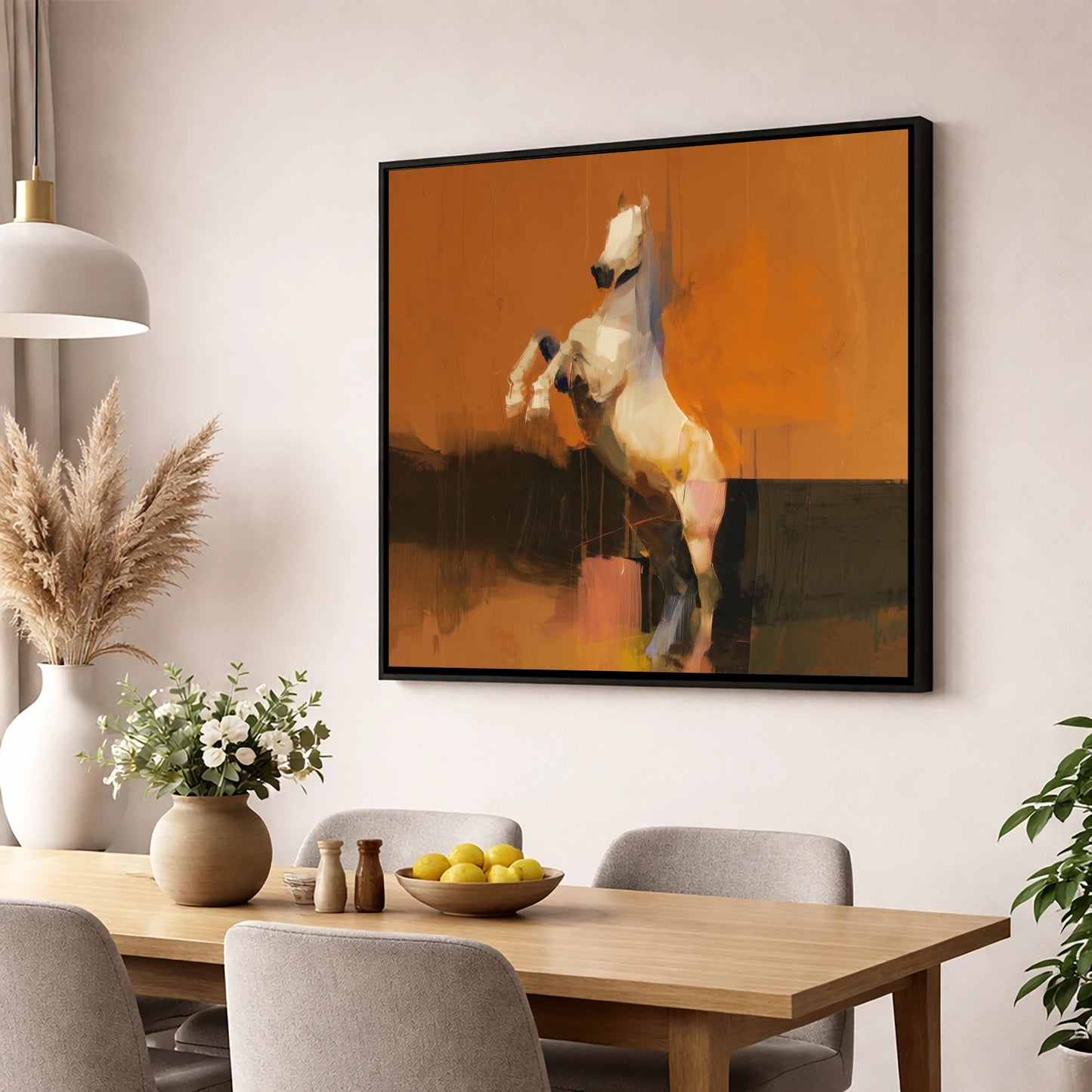 Rise in Ochre horse portrait wall art displayed in a dining room