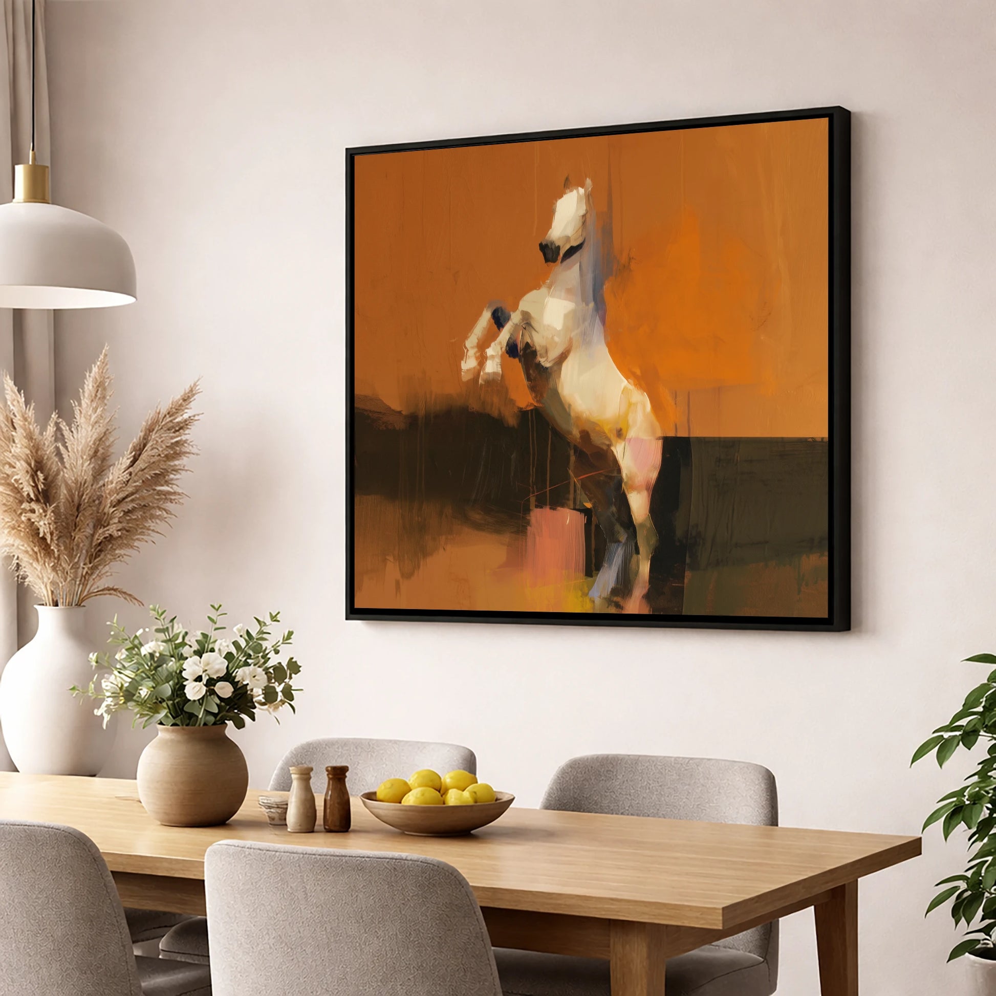 Rise in Ochre horse portrait wall art displayed in a dining room