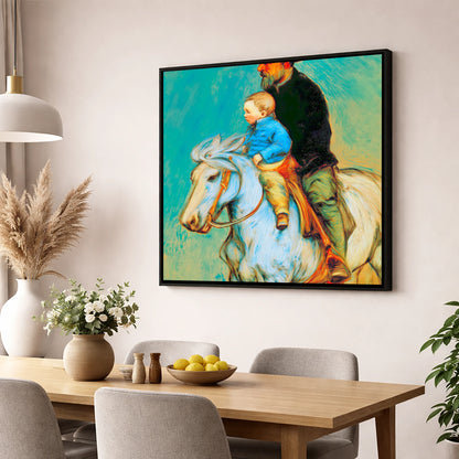 The Guiding Hand horse & rider wall art displayed in a dining room