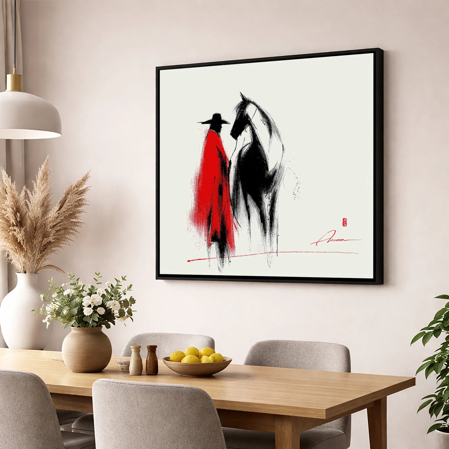 Crimson Western Silhouette western horse wall art displayed in a dining room