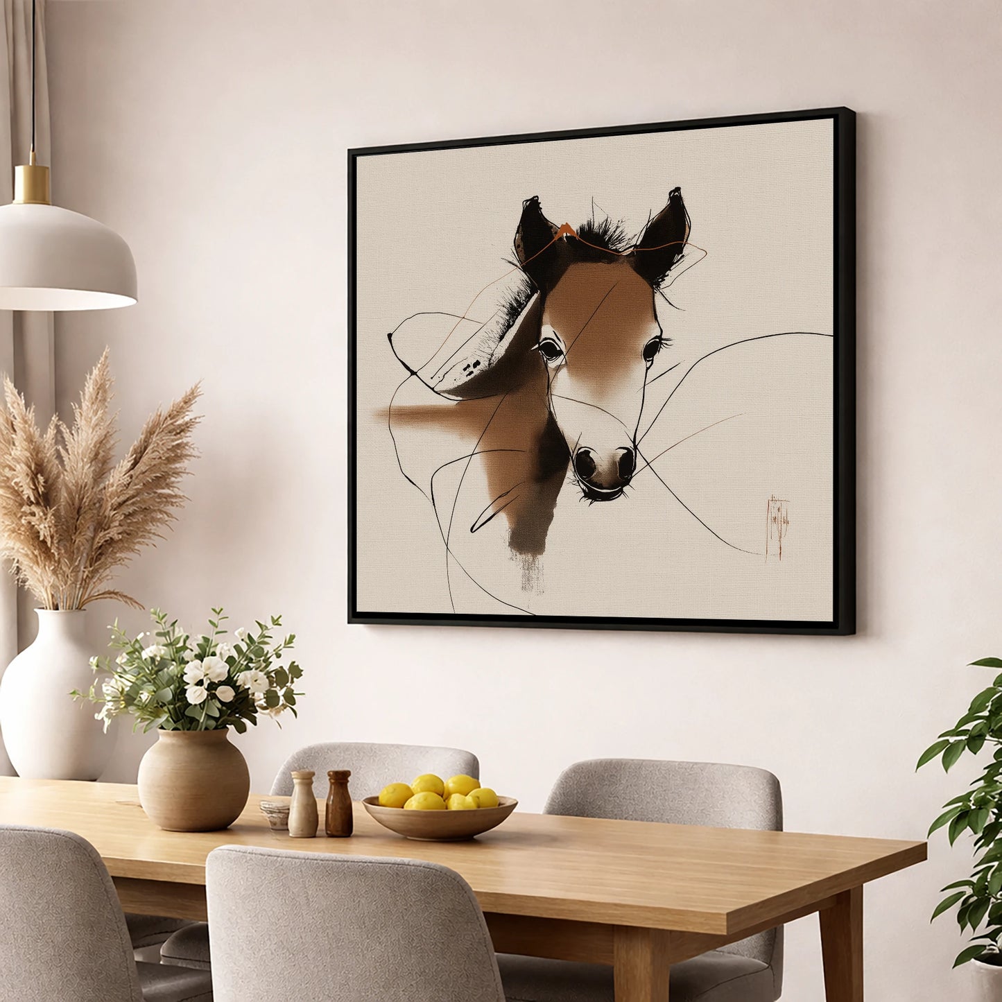 Curious Sepia Foal horse portrait wall art displayed in a dining room