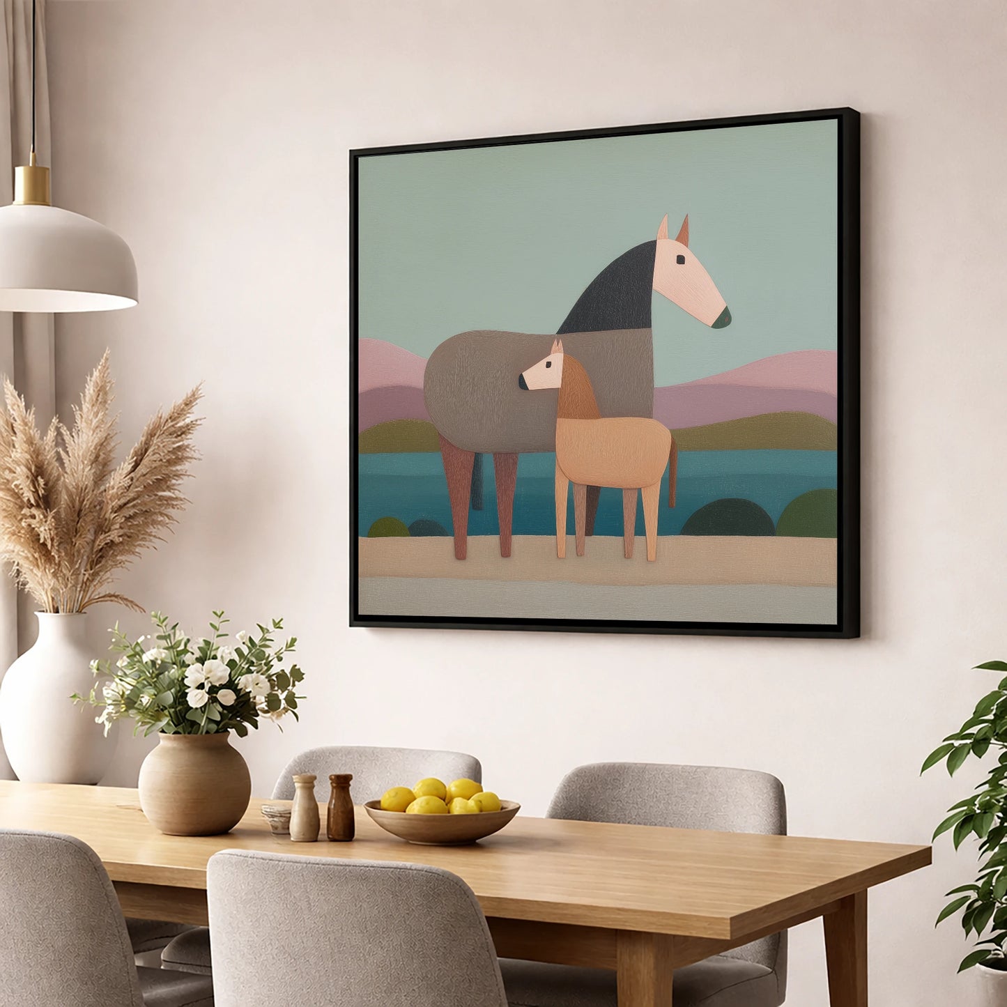 Stylised Equine Harmony mare & foal wall art displayed in a dining room
