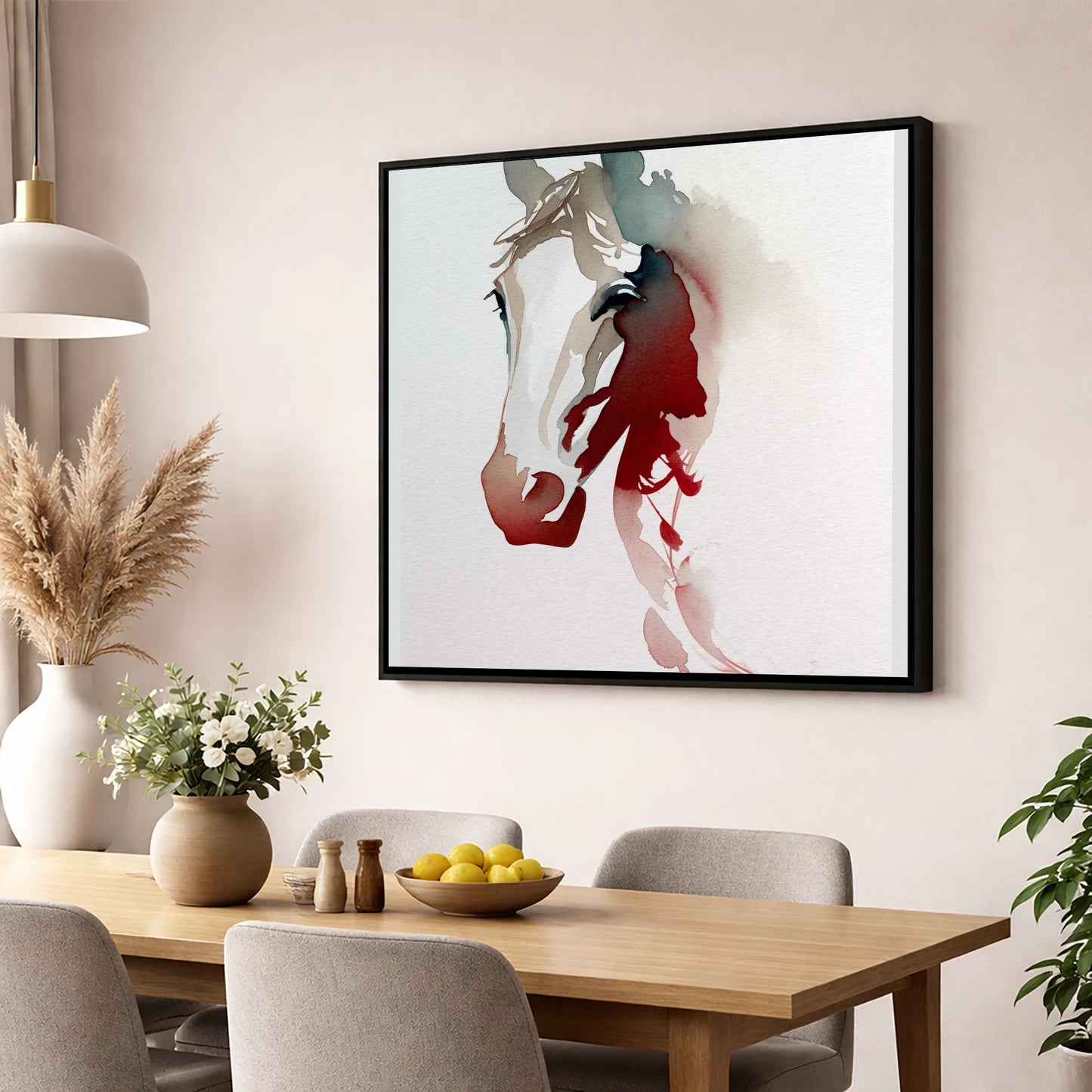 Ethereal Crimson Profile horse portrait wall art displayed in a dining room