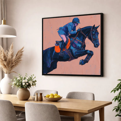 Indigo Ascending show jumping horse wall art displayed in a dining room