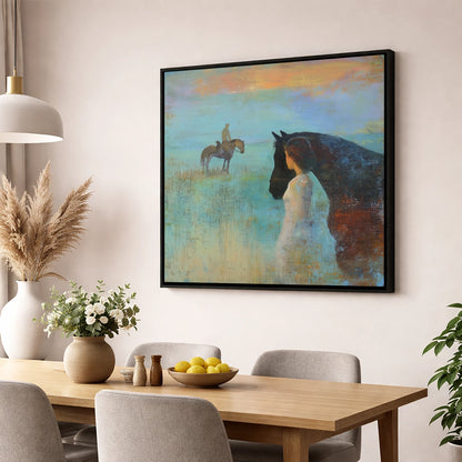 Distant Echoes horse & rider wall art displayed in a dining room