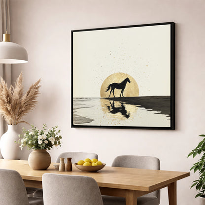 Gilded Shoreline Solitude horse landscape wall art displayed in a dining room