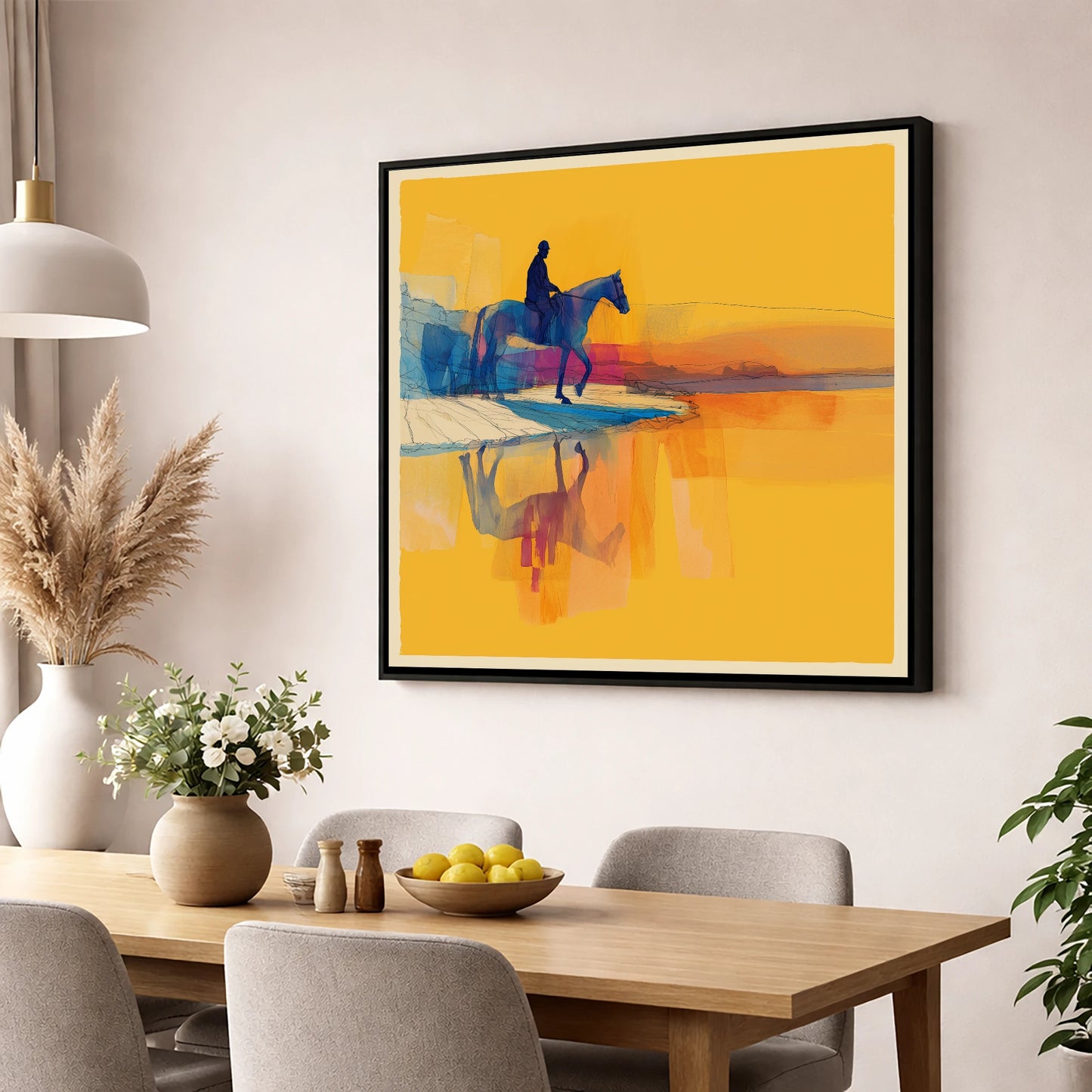 Golden Shoreline Traverse beach horse wall art displayed in a dining room
