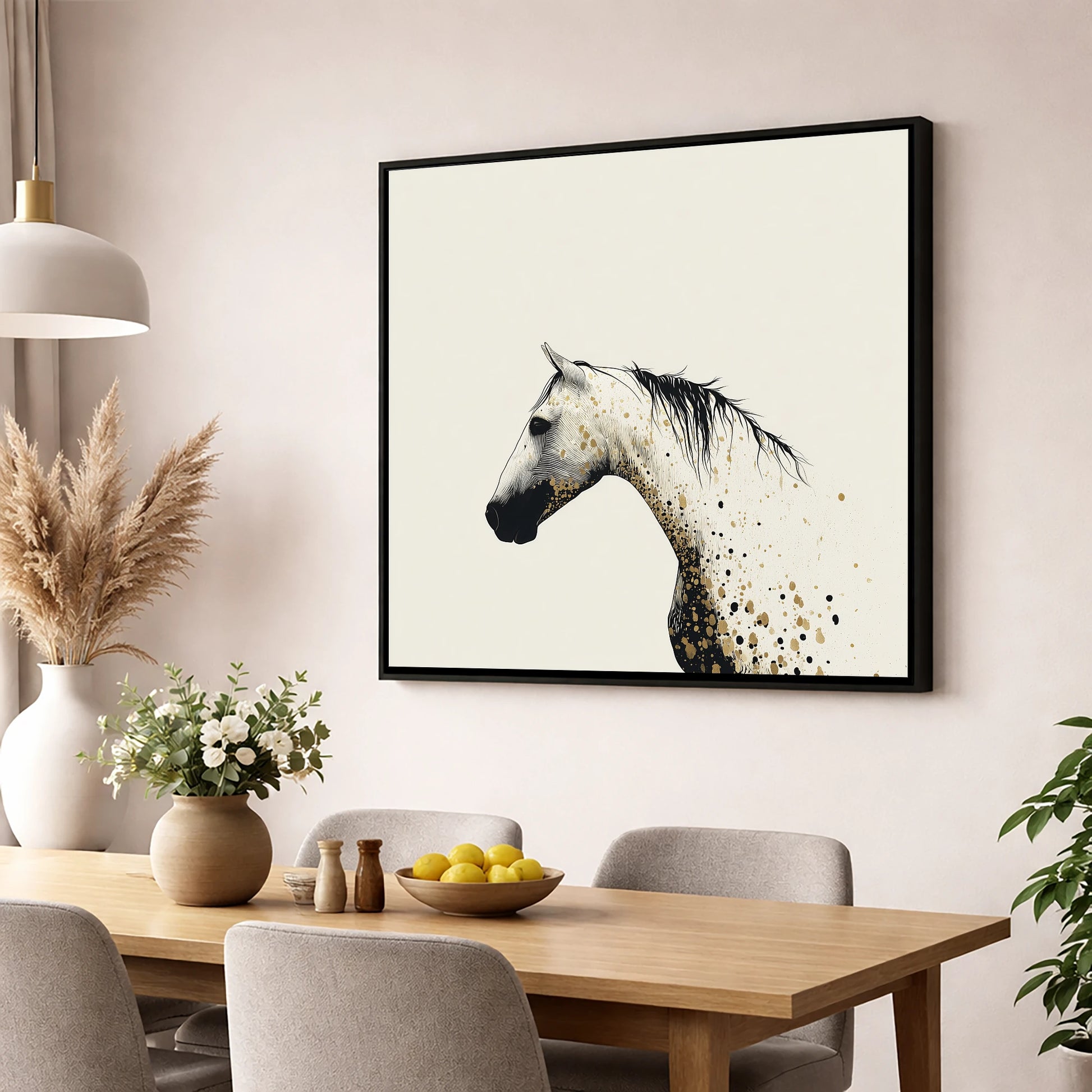 Gilded Ink Equine Profile horse breed wall art displayed in a dining room